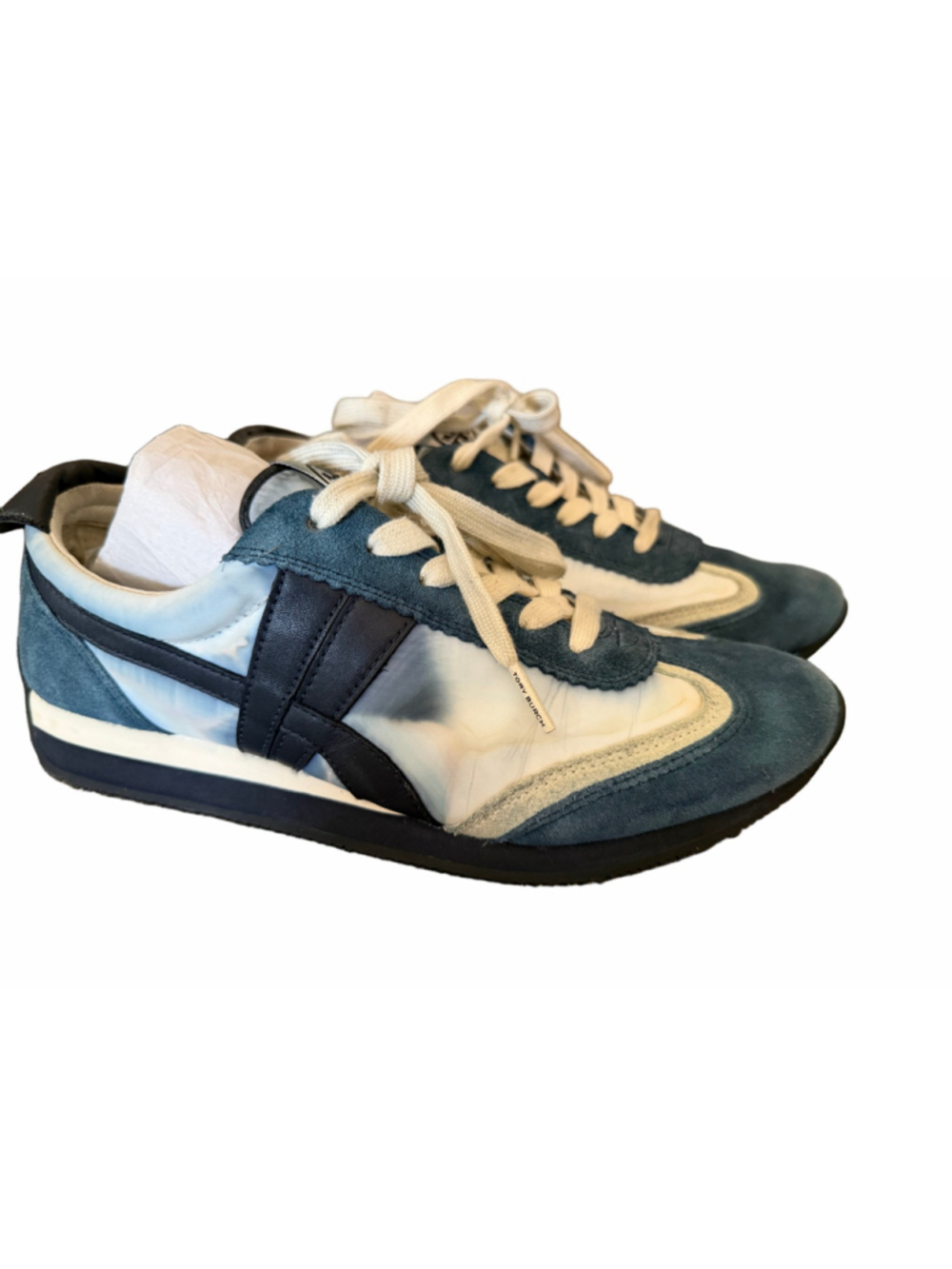 Tory Burch Hank Nylon Suede Sneakers Snow White Bright Navy Women’s Size 9.5
